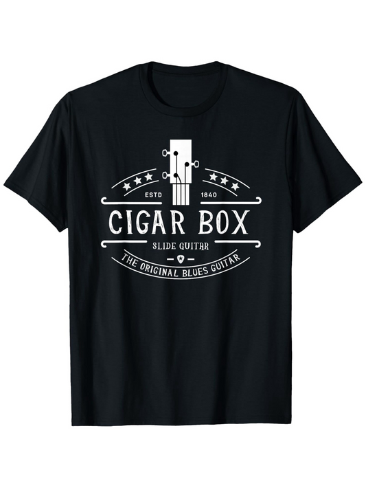 Men's Graphic T-Shirt Cigar Box Acoustic Guitar Art With Retro Banner Accents And Stars