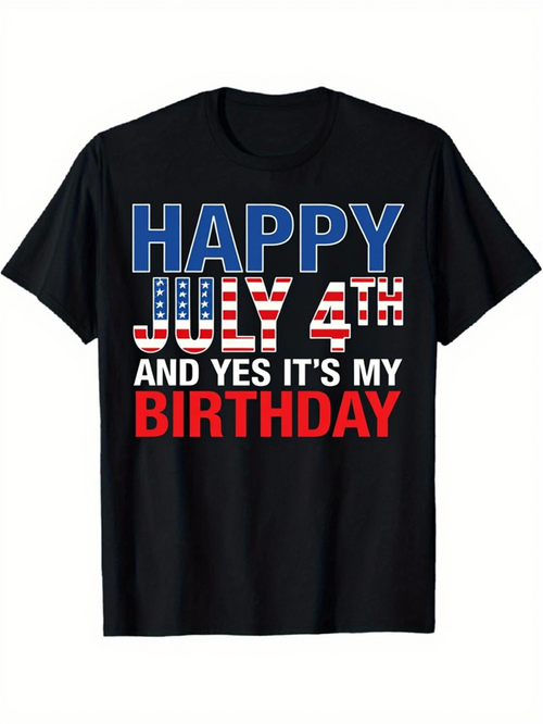 Men's Graphic T-Shirt Happy July Fourth With Patriotic Striped Lettering Celebrating Birthday On Black Shirt