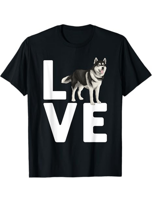 Men's Graphic T-Shirt Love Large Bold Letters With Husky Dog Standing Proudly