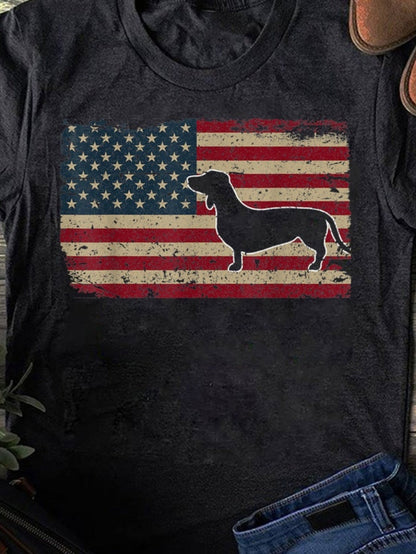 Men's Graphic T-Shirt Vintage American Flag With Liberty Stars Featuring A Dachshund Dog Silhouette