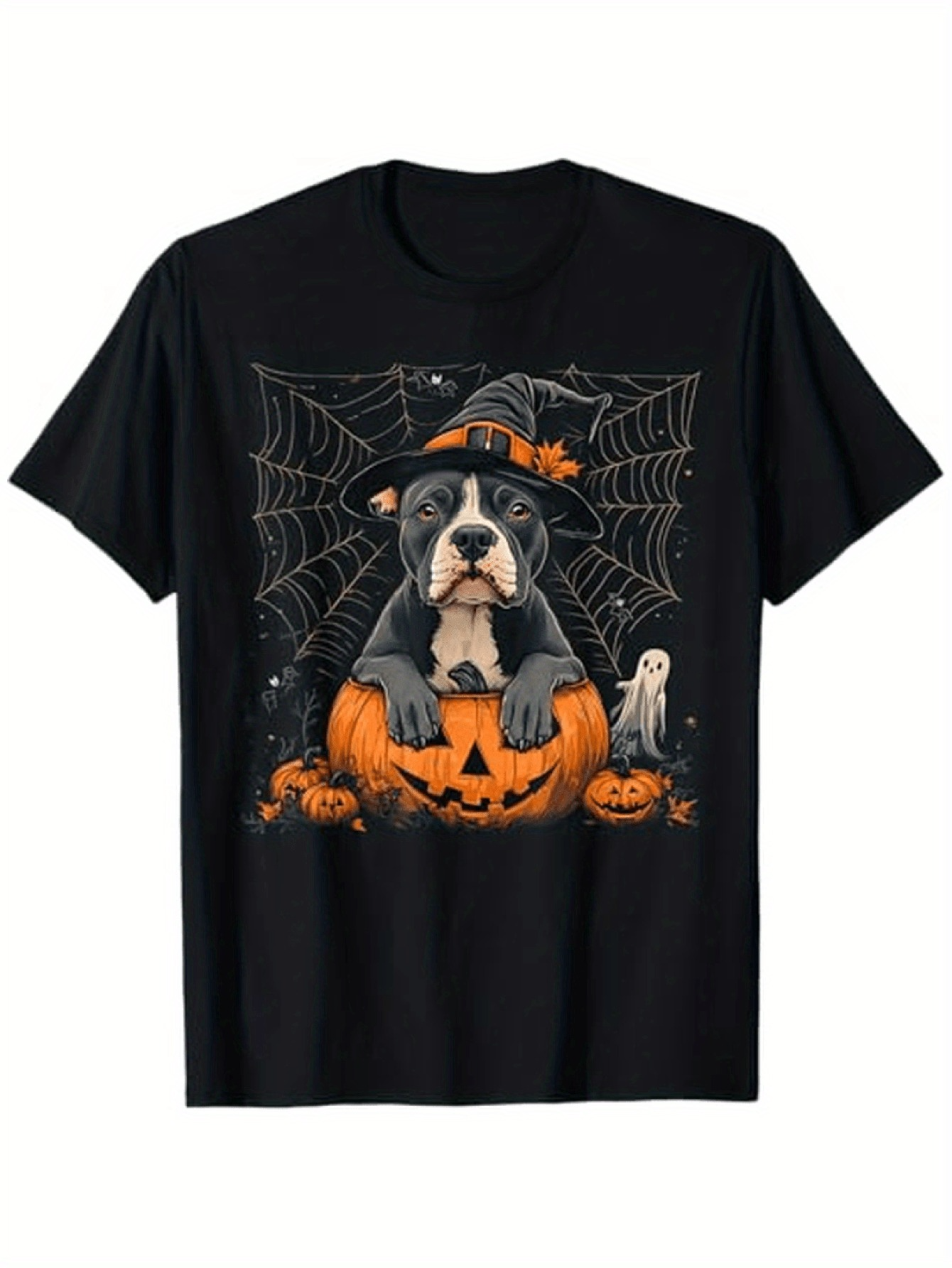 Men's Graphic T-Shirt Halloween Night With Pumpkins Spiderweb Ghost And Dog