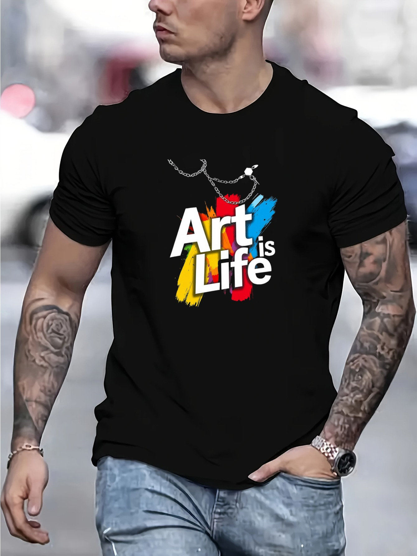 Men's Graphic T-Shirt Art Is Life Colorful Paint Splashes With Artistic Paintbrush Stroke