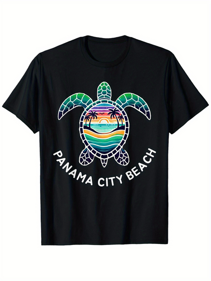 Men's Graphic T-Shirt Panama City Beach Sunset Reflection With Palms And Calm Sea Turtle