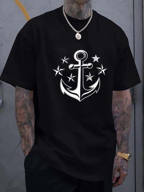 Men's Graphic T-Shirt Classic Nautical Style With Shining Stars And Timeless Anchor Design