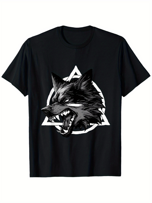 Men's Graphic T-Shirt Fierce Wild Gray Wolf Head Inside Geometric White Triangle Symbol Wolf