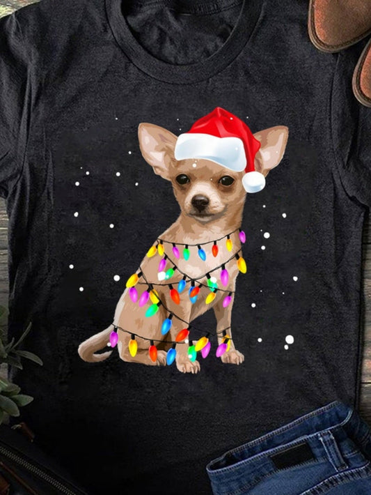 Women's Graphic T-Shirt Adorable Chihuahua Wearing Red Santa Hat With Colorful Festive Lights Dog