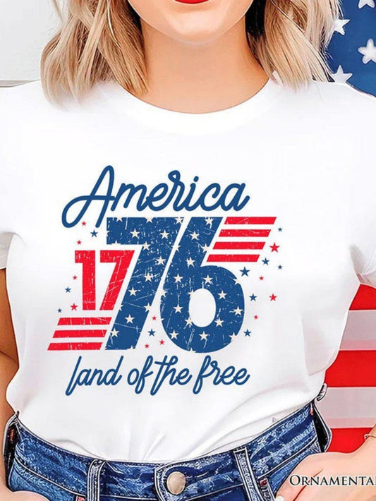 Women's Graphic T-Shirt America Land Of The Free With Stars And Red Blue Stripes Typography
