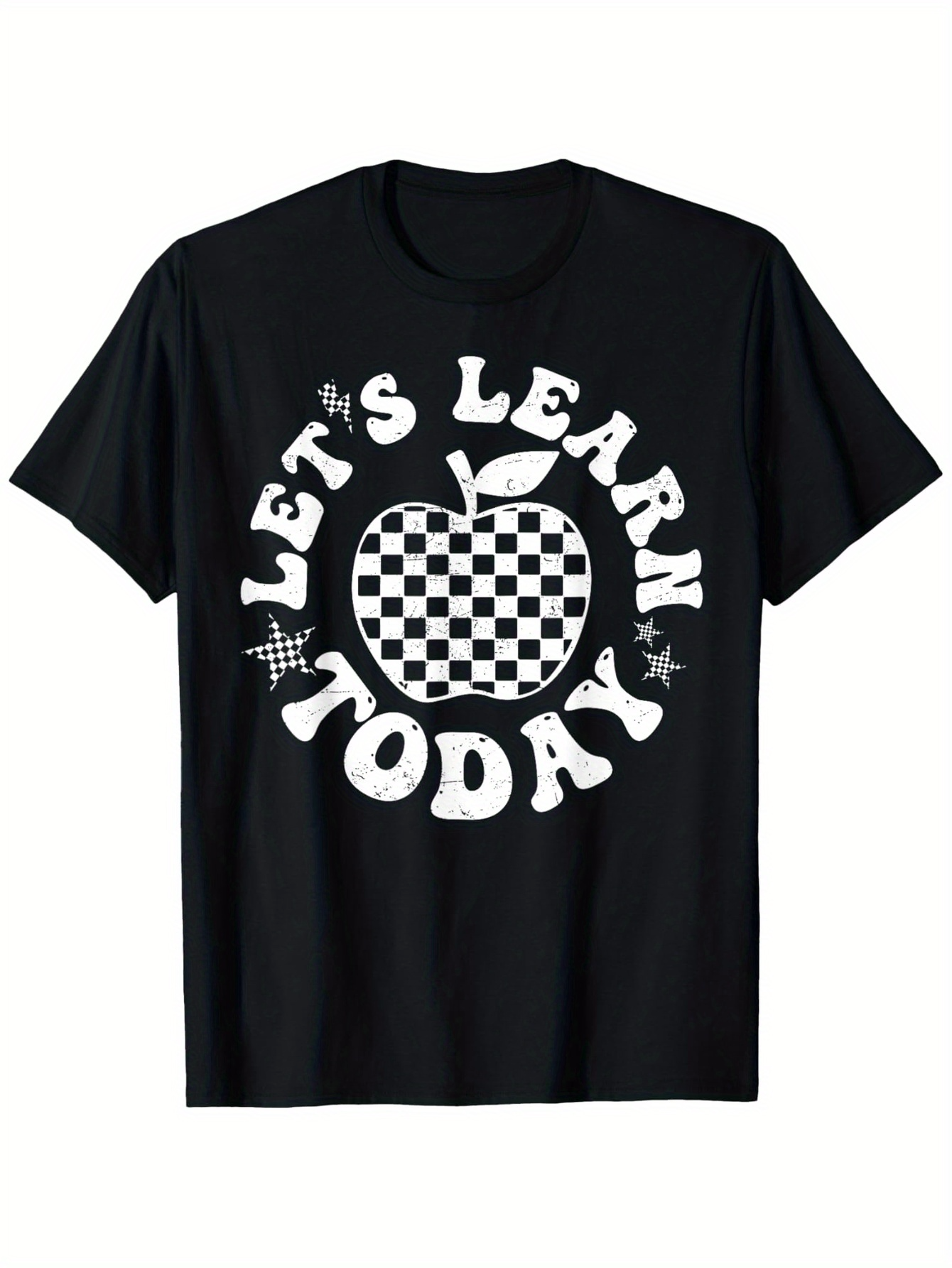 Men's Graphic T-Shirt Lets Learn Today Checkered Apple Surrounded By Playful Stars Graphic Apple