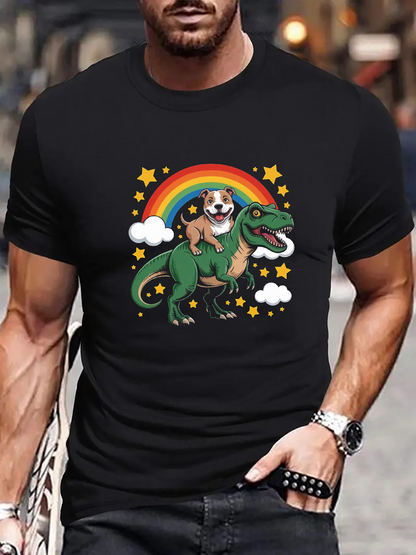 Men's Graphic T-Shirt Rainbow Stars And Puppy Riding Dinosaur Under Colorful Sky