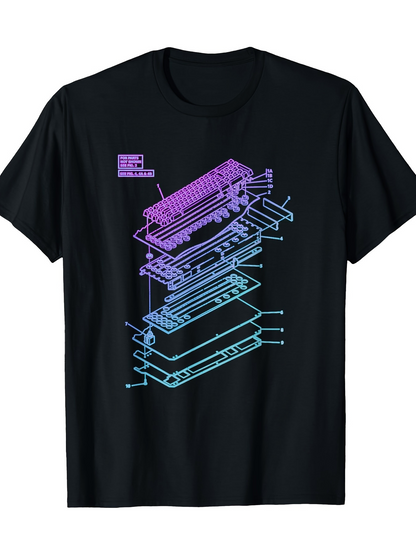 Men's Graphic T-Shirt Exploded View With Gradient Hues Retro Electronic Keyboard Design