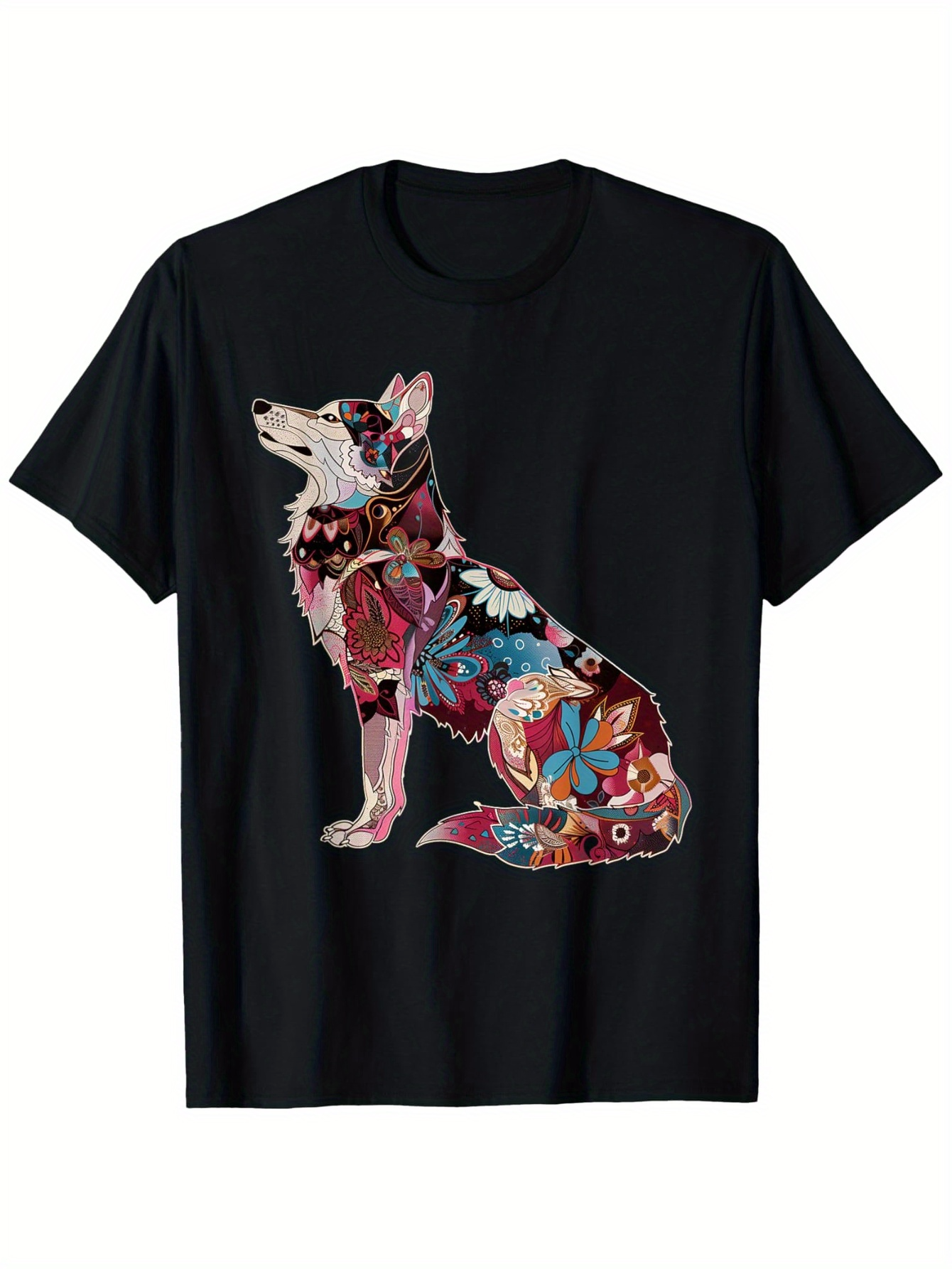 Men's Graphic T-Shirt Colorful Floral Patterns Embellishing A Calm Sitting Wolf