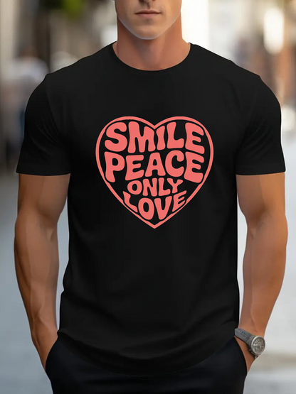 Men's Graphic T-Shirt Smile Peace Only Love Bold Letters Inside Red Heart