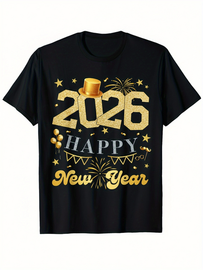 Men's Graphic T-Shirt Happy 2026 Golden Hat With Shining Fireworks And Festive Celebration New Year