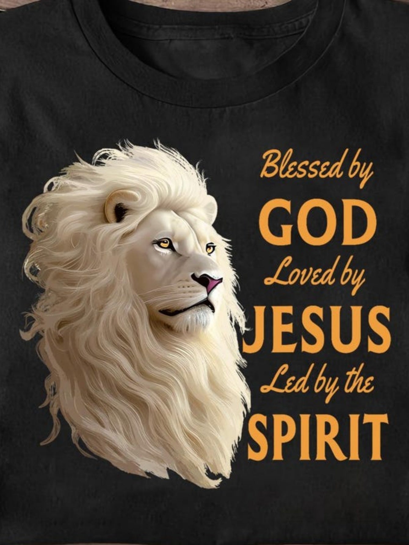 Men's Graphic T-Shirt Blessed By God Led By The Spirit With Majestic White Lion Artwork