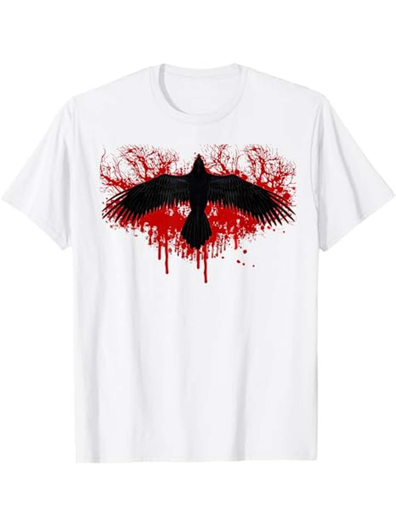 Men's Graphic T-Shirt Dark Flight With Red Splatter Over Gnarled Branchy Trees Crow