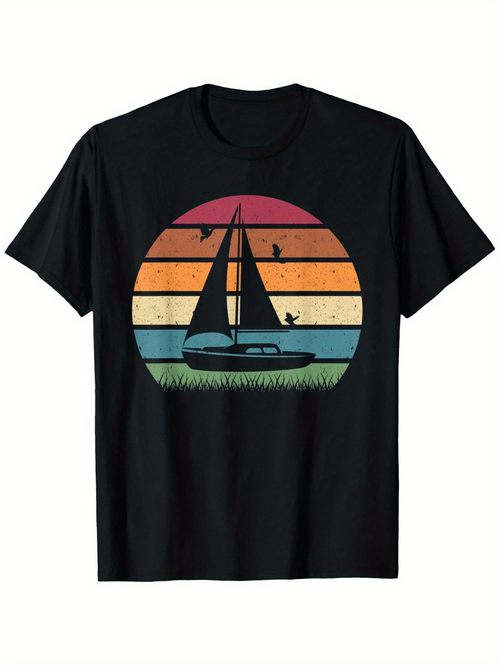 Men's Graphic T-Shirt Sailing At Sunset With Gradient Stripes And Flying Birds Sailboat