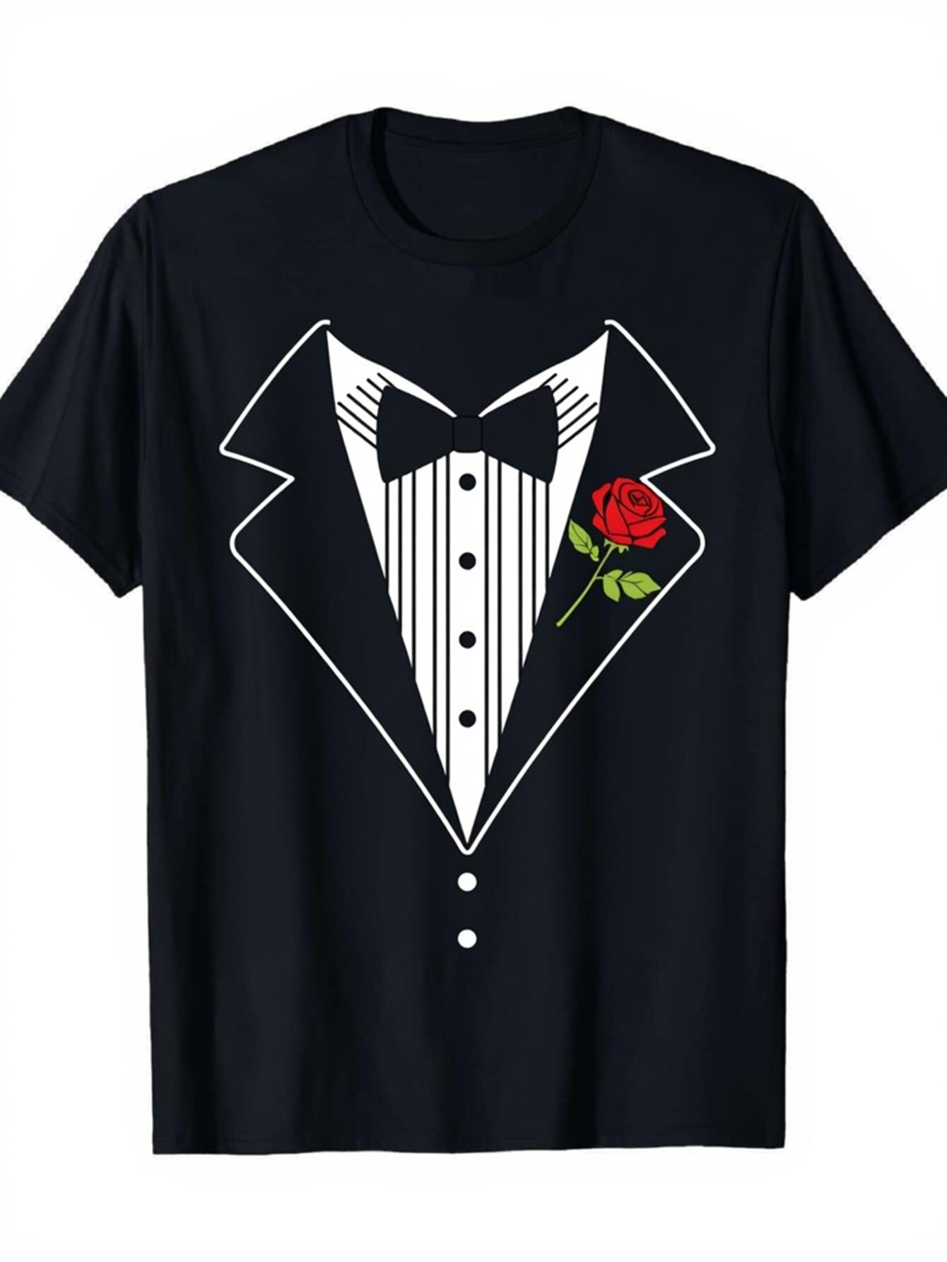 Men's Graphic T-Shirt Classic Black Tie Tuxedo With Bowtie And Red Rose Durably Printed Shirt