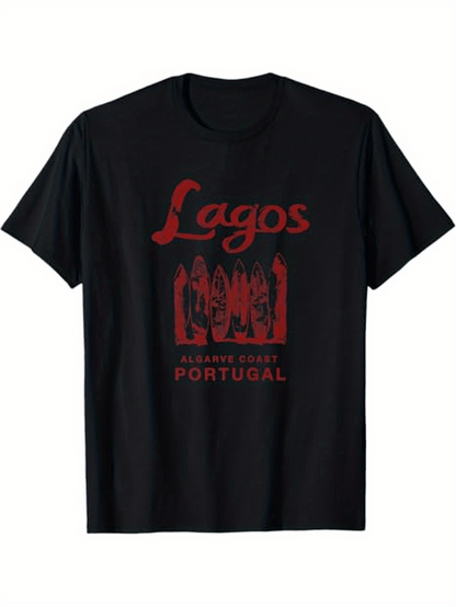 Men's Graphic T-Shirt Lagos Portugal Vintage Landmark Graphic Tee Featuring Red Architecture