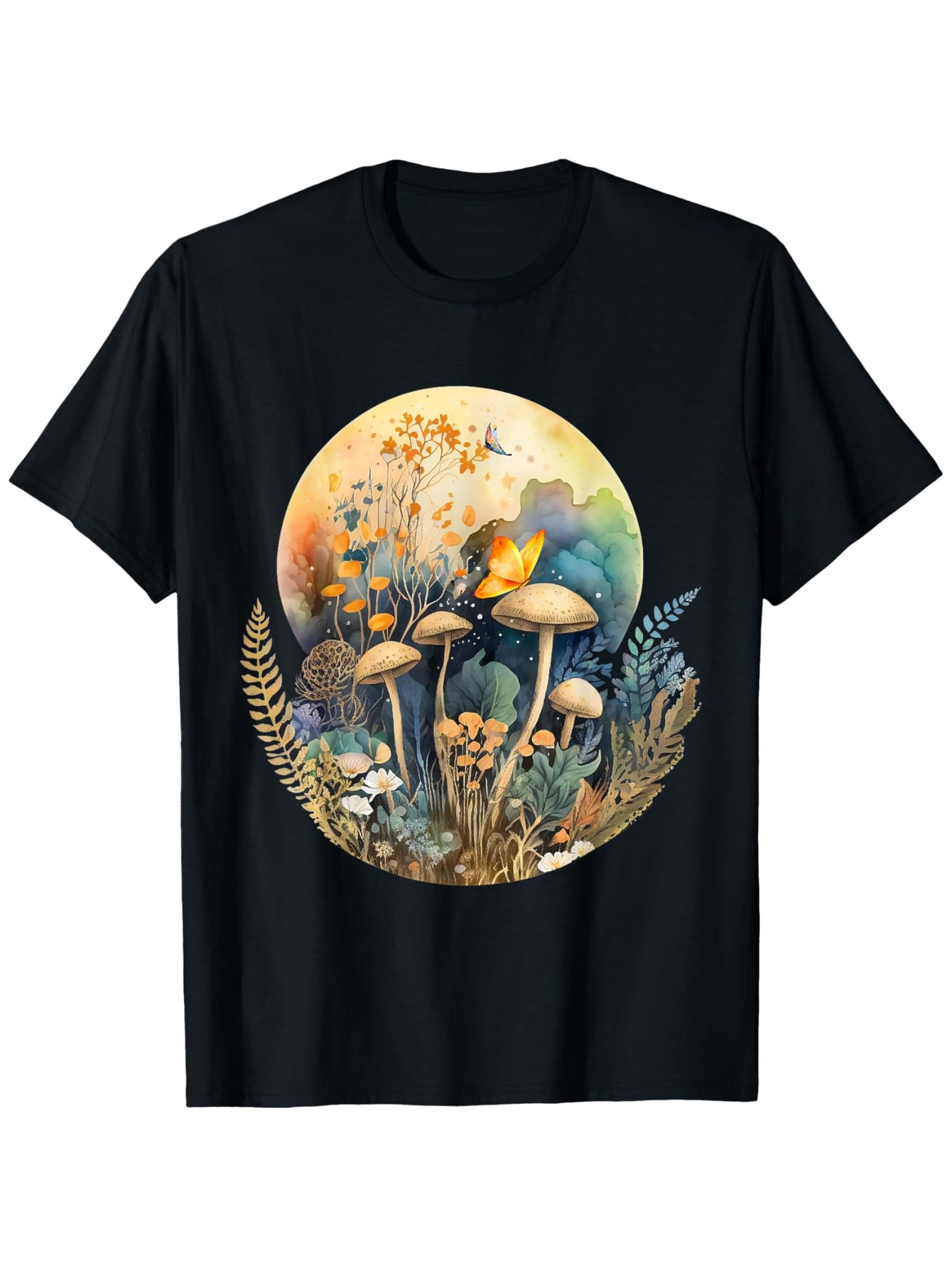 Men's Graphic T-Shirt Golden Moonlight With Botanical Ferns And Colorful Mushrooms Nature