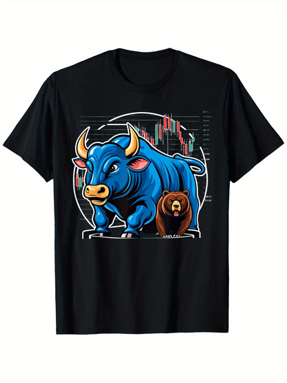 Men's Graphic T-Shirt Stock Market Chart Background With Blue Bull And Brown Bear