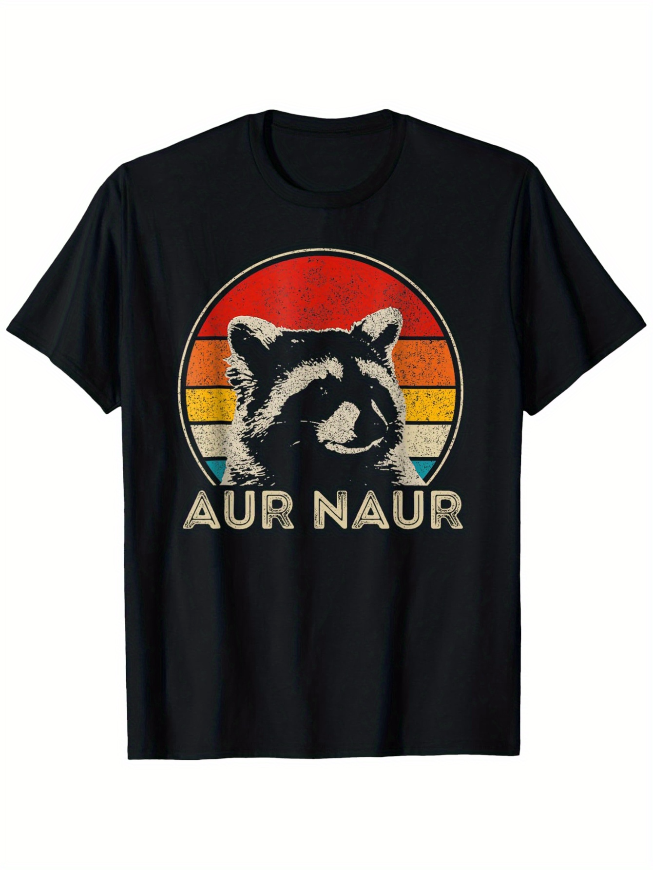 Men's Graphic T-Shirt Aur Naur Retro Sunset With Raccoon Silhouette Among Faded Color Stripes