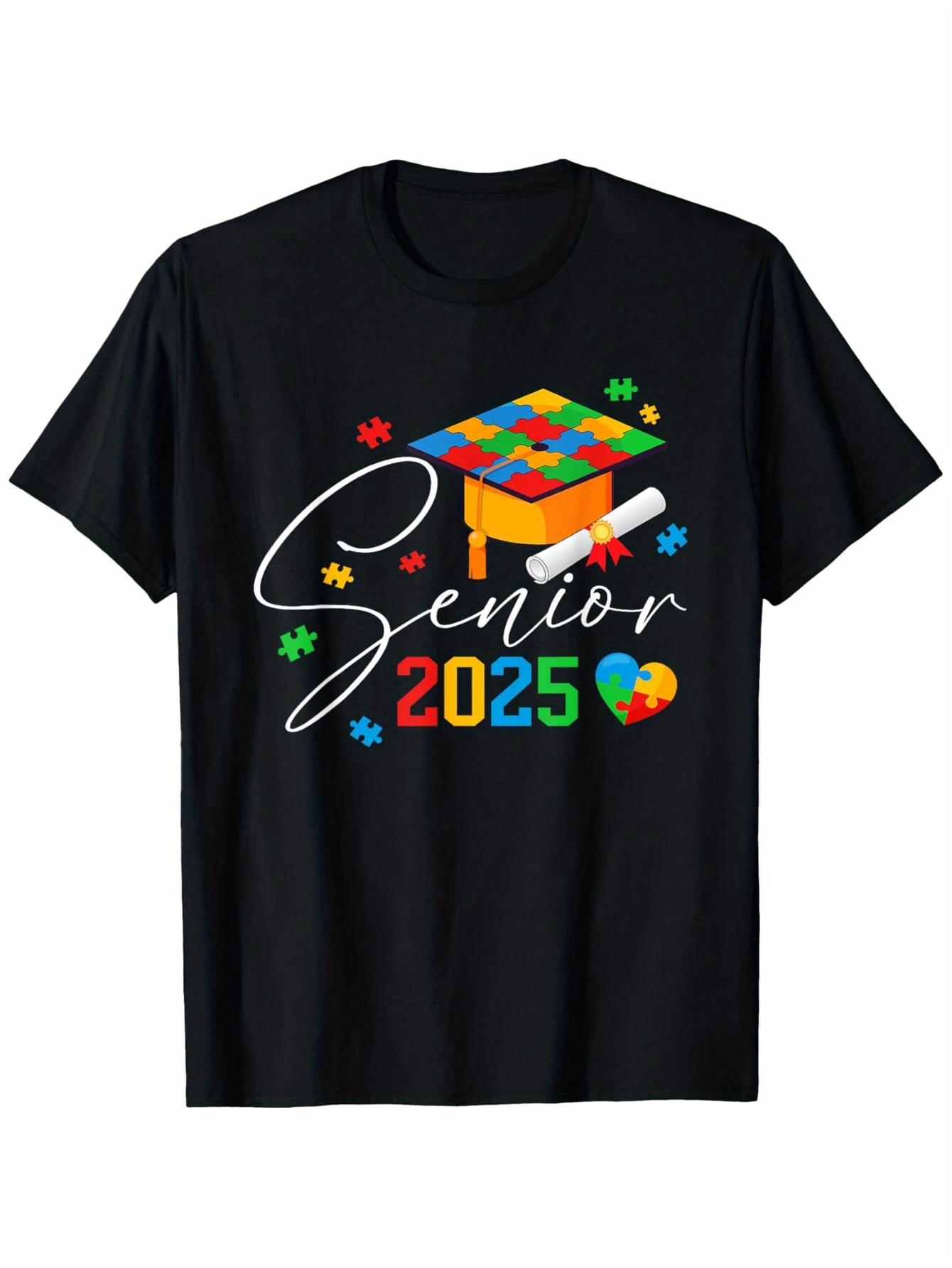 Men's Graphic T-Shirt Senior 2025 Colorful Puzzle Pieces Graduation Cap With Diploma