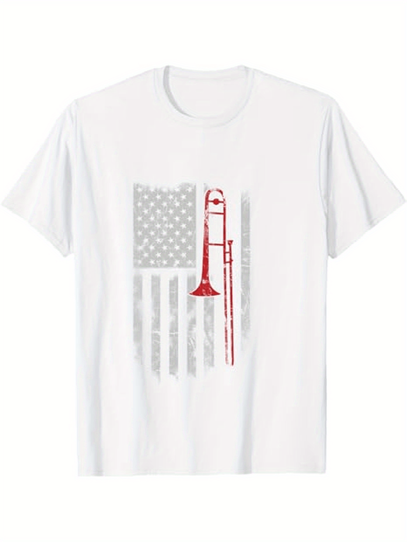 Men's Graphic T-Shirt Patriotic Grey Stripes With Red Trombone Over Subtle Star Flag Trombone