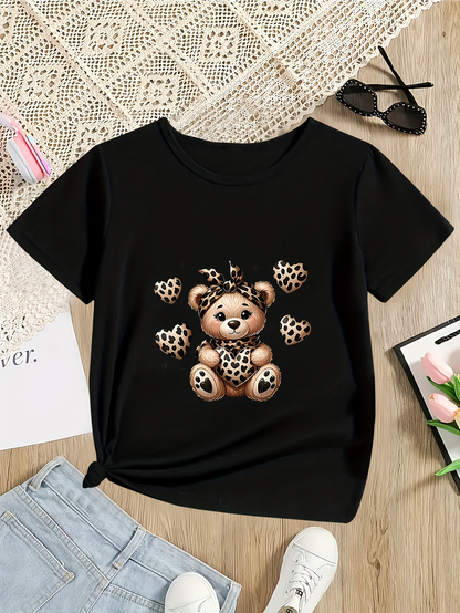Men's Graphic T-Shirt Playful Leopard Pattern Brown Teddy Bear Surrounded By Floating Hearts