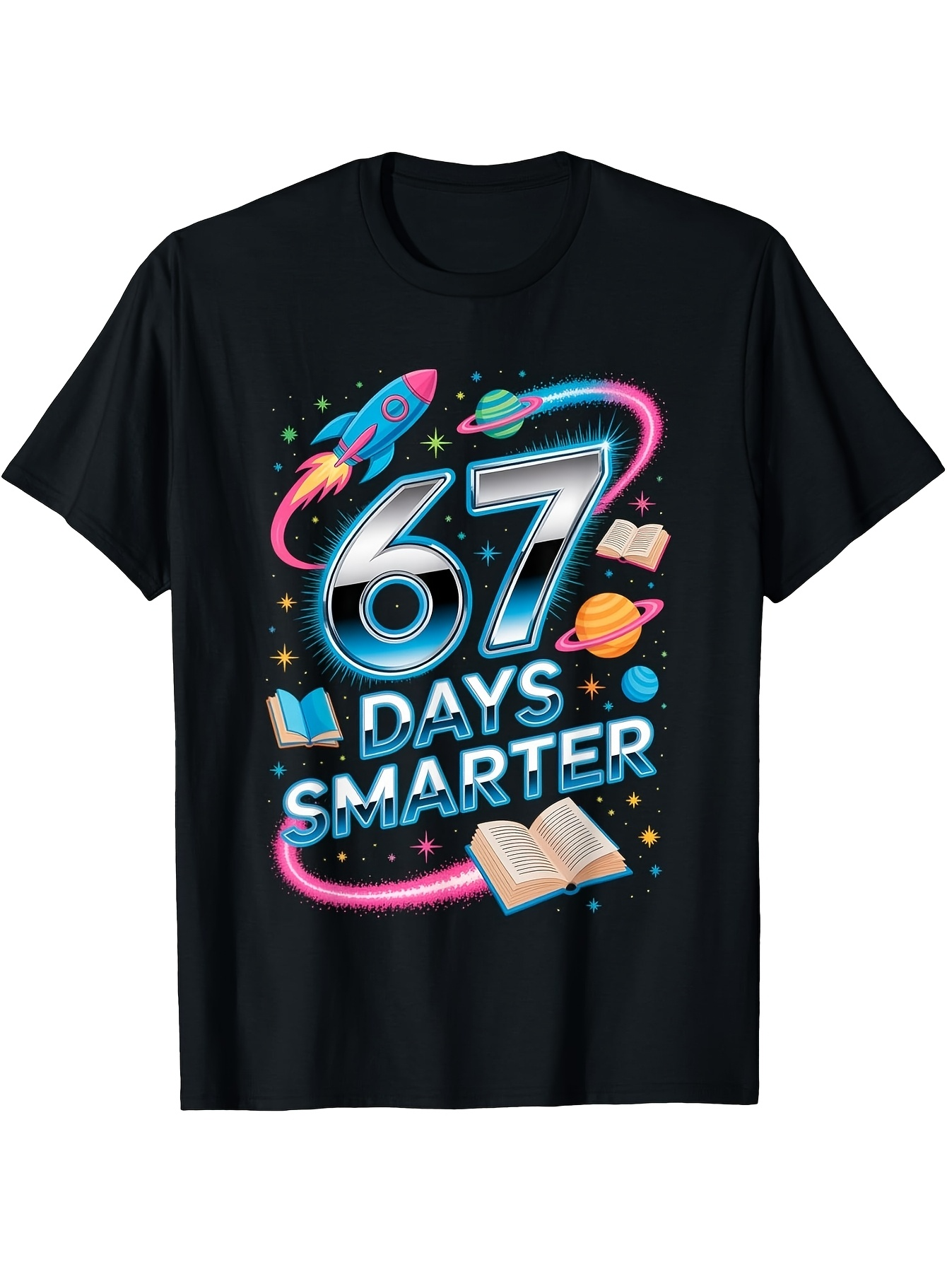 Men's Graphic T-Shirt 67 Days Smarter Neon Swirl With Books Planets And Colorful Rocket