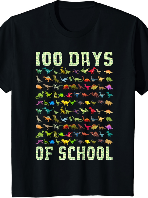 Men's Graphic T-Shirt 100 Days Of School With Colorful Dinosaurs On Graphic Black T Shirt