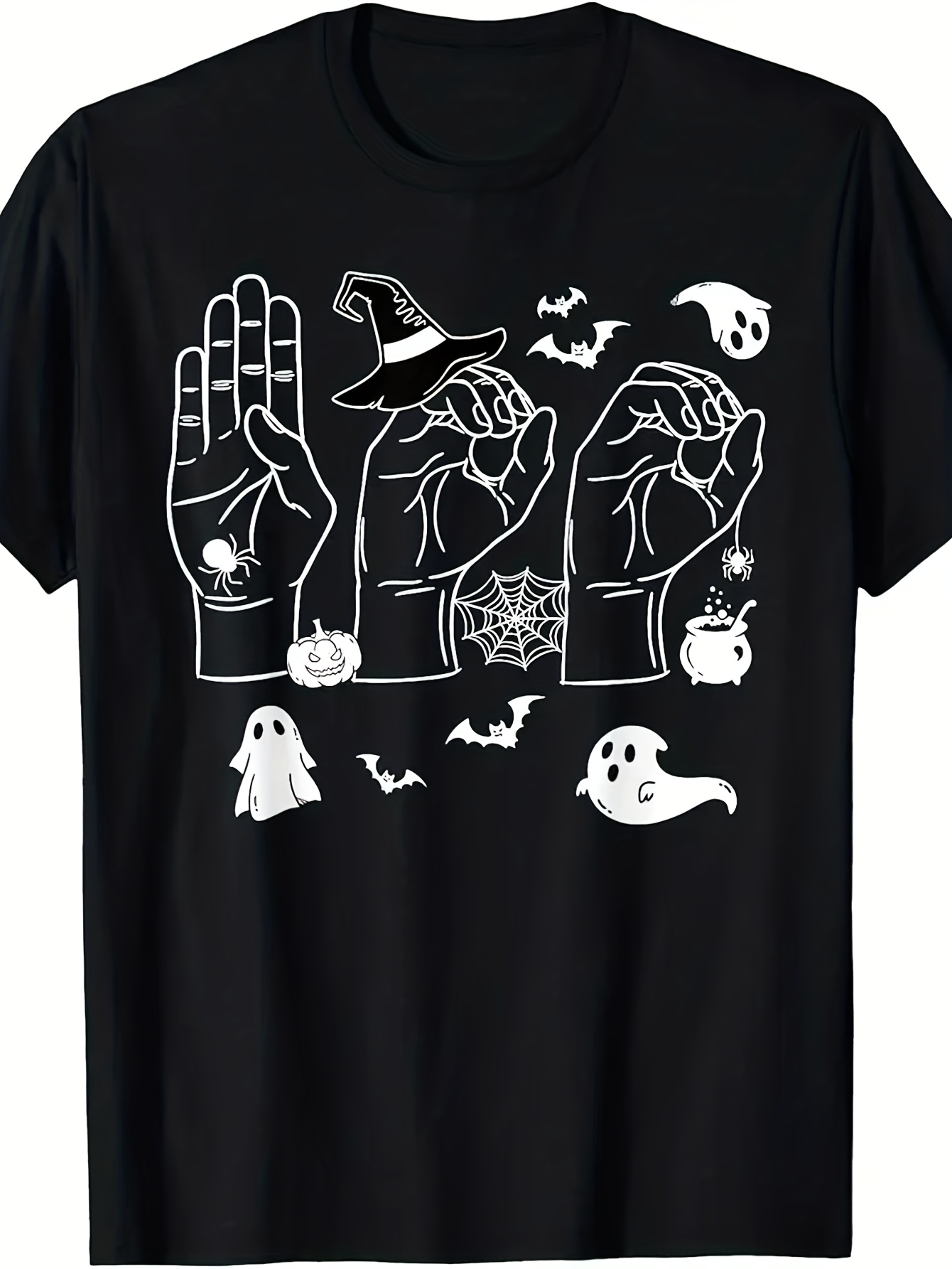 Men's Graphic T-Shirt Spooky Hands With Witch Hat Surrounded By Ghosts And Bats Halloween