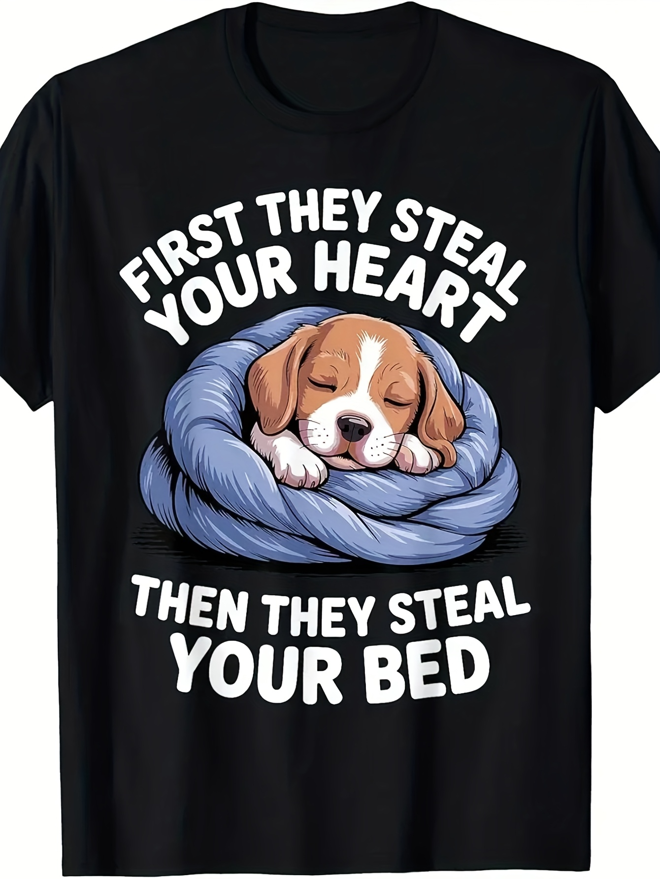 Men's Graphic T-Shirt First They Steal Your Heart Then They Steal Your Bed With Sleeping Puppy In Cozy Blanket