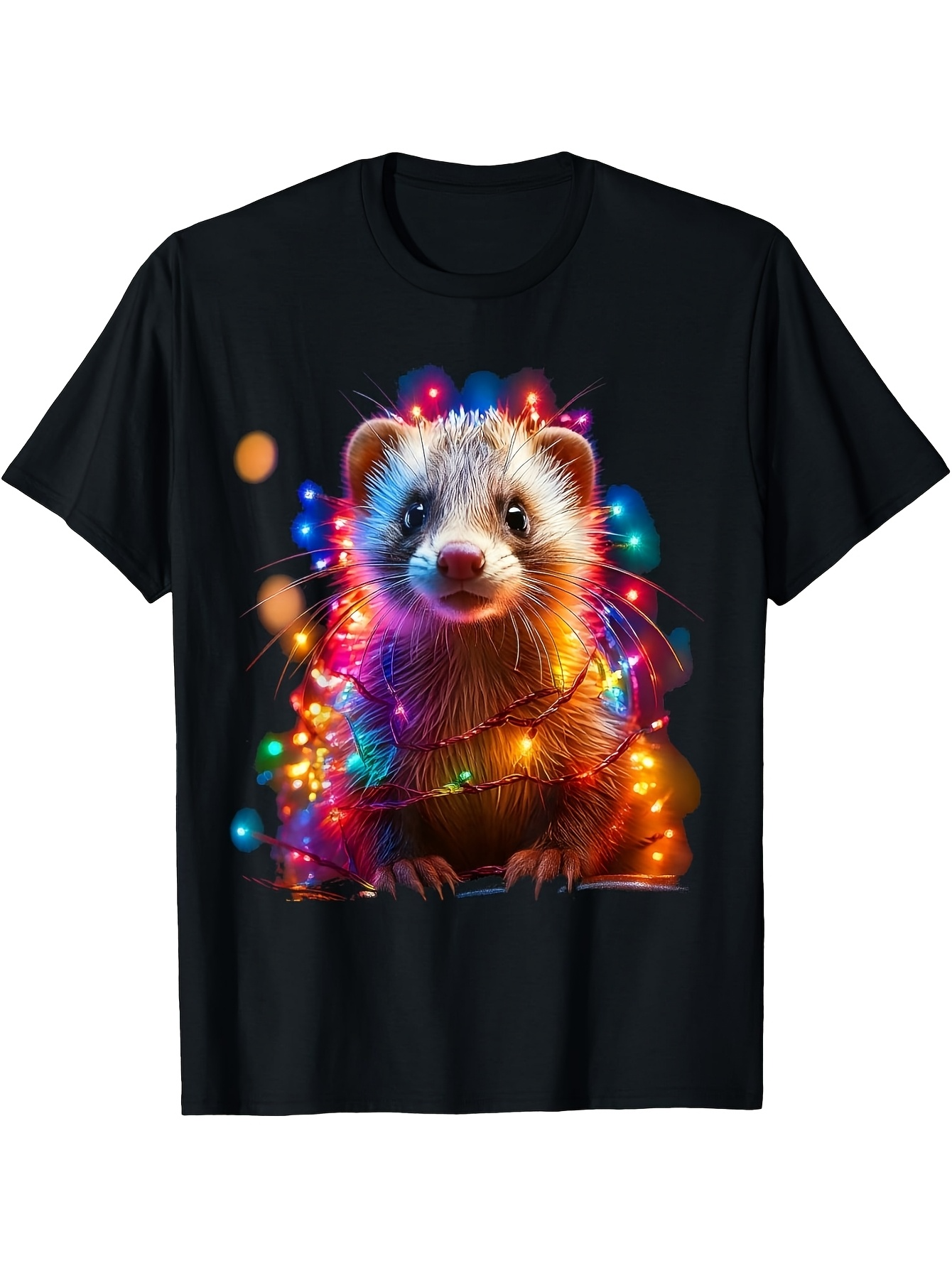 Men's Graphic T-Shirt Playful Festive Ferret With Colorful Lights Wrapped Around Fur