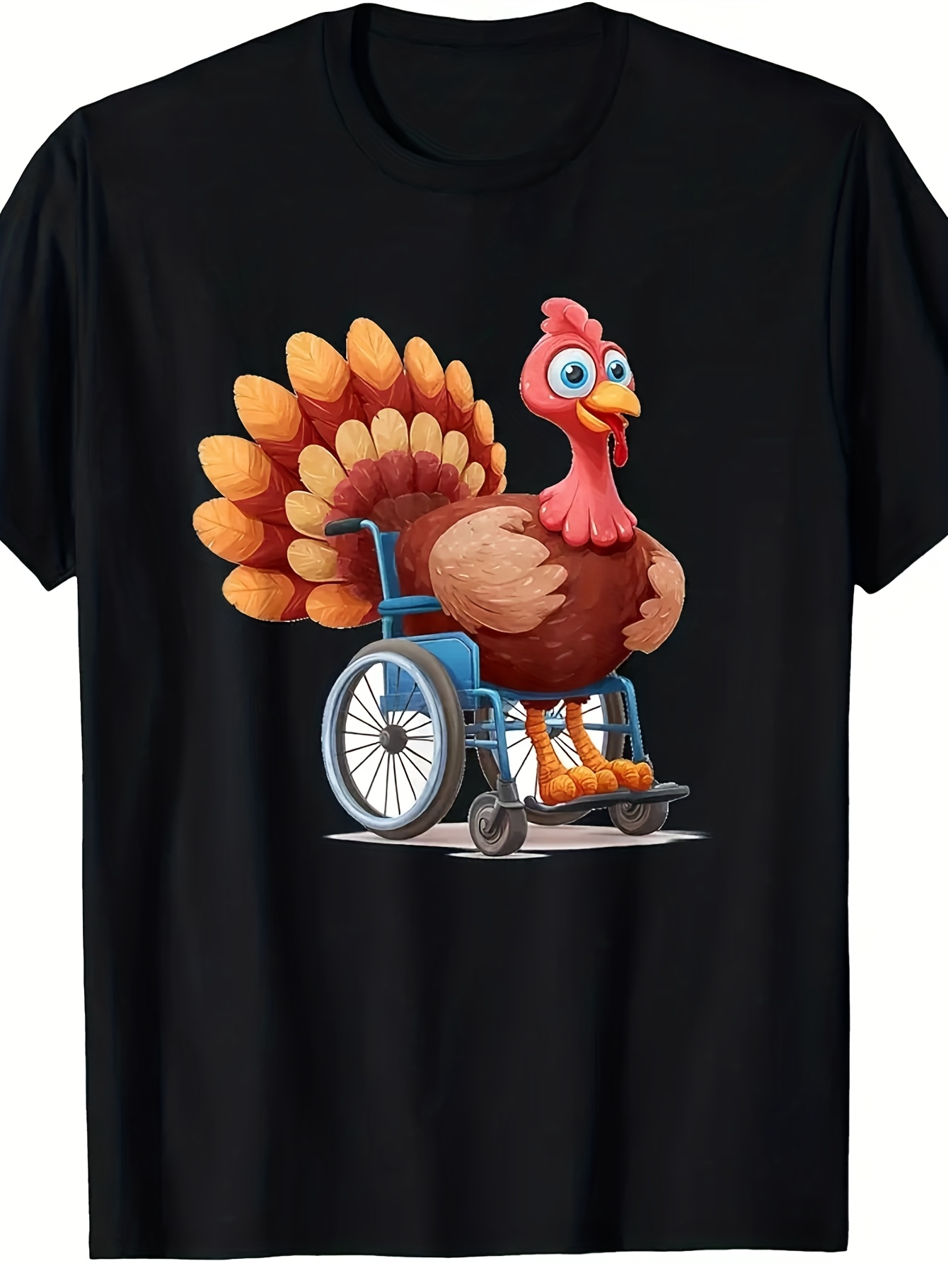 Men's Graphic T-Shirt Bright Feathers Sitting In Wheelchair With Cartoon Style Turkey