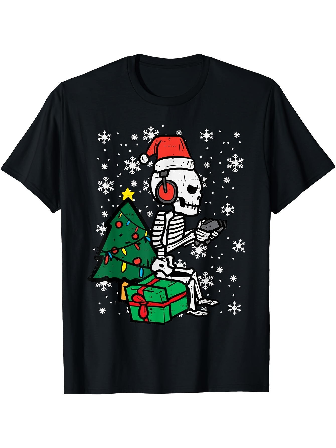 Men's Graphic T-Shirt Cartoon Skeleton With Santa Hat Sitting Among Christmas Tree And Presents