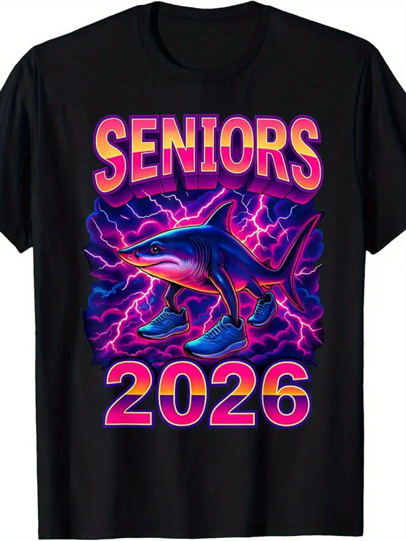 Men's Graphic T-Shirt Seniors 2026 Neon Lightning Shark With Sneakers Bright Clouds Background
