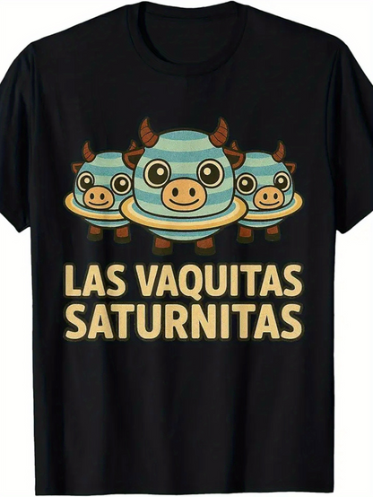 Men's Graphic T-Shirt Blue Cartoon Cow Faces Surrounded By Yellow Rings Space Floating Cow