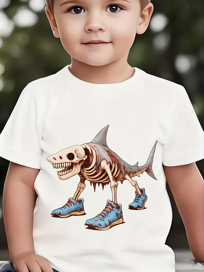 Men's Graphic T-Shirt Playful Cartoon Skeleton Shark Wearing Blue Sneakers