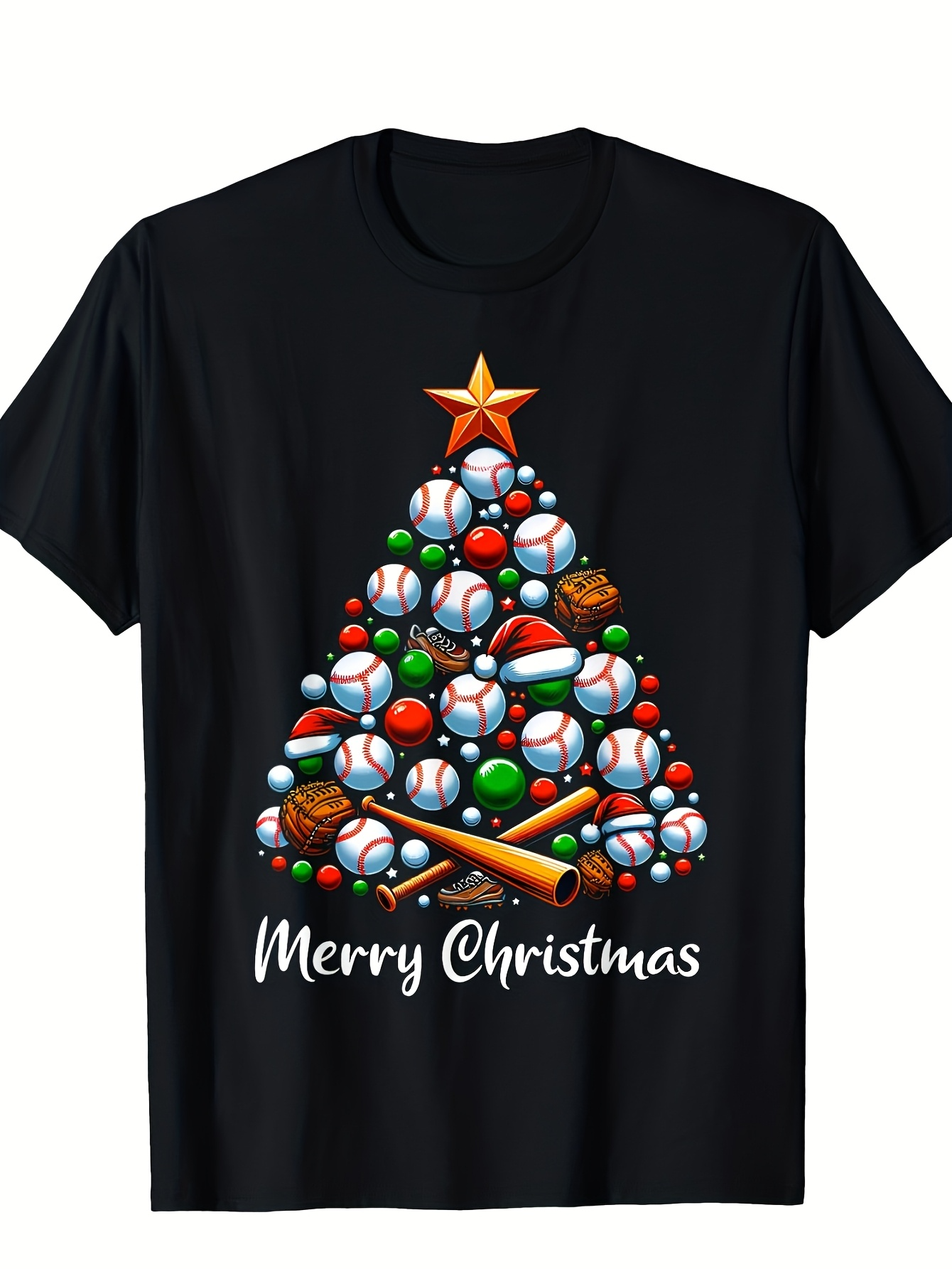 Men's Graphic T-Shirt Merry Christmas Festive Baseball Ornaments Shaped Like Holiday Tree