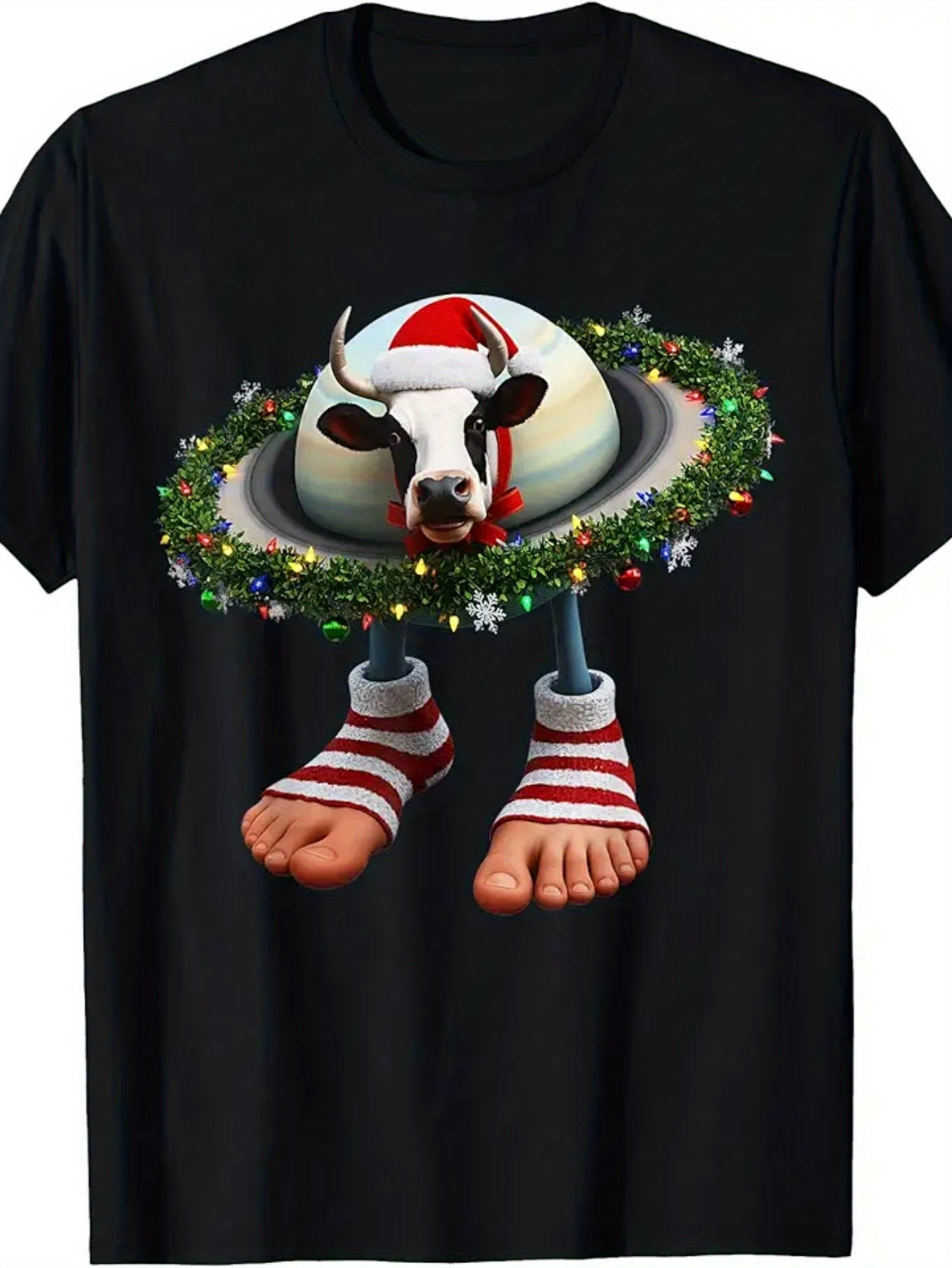 Men's Graphic T-Shirt Festive Holiday Cow With Christmas Wreath Striped Socks And Funny Feet