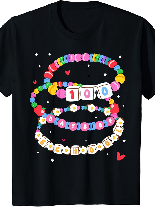 Men's Graphic T-Shirt 100 Days Of School Colorful Beads With Hearts And Letter Charms Bracelet