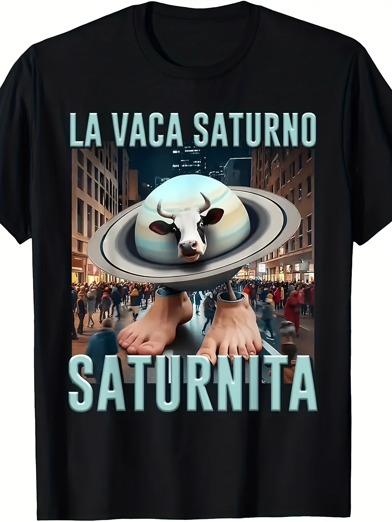Men's Graphic T-Shirt Surreal Urban Scene With Giant Cow Head Ringed By Saturn Planet