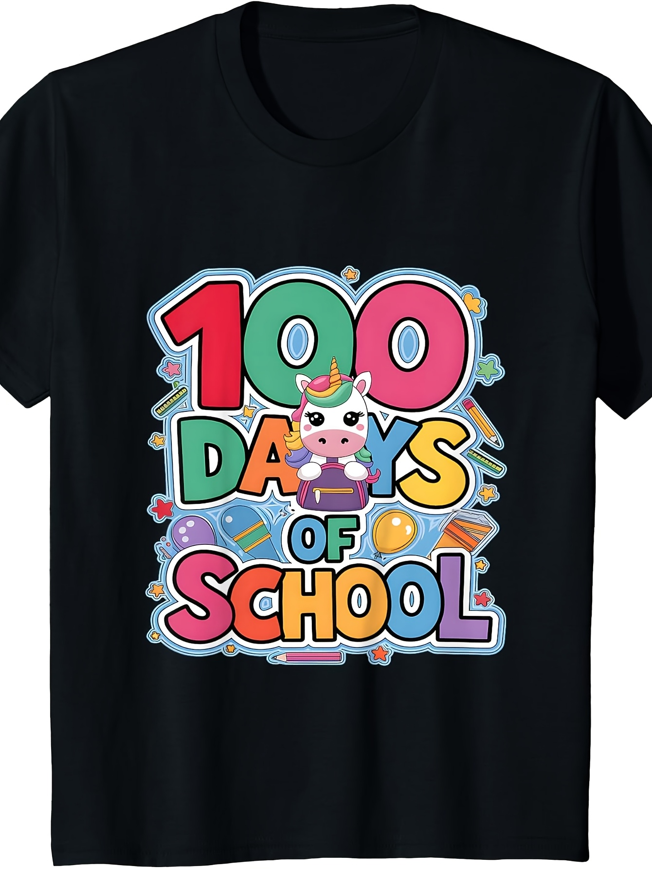 Men's Graphic T-Shirt Colorful Letters With Cute Unicorn Surrounded By School Supplies T Shirt