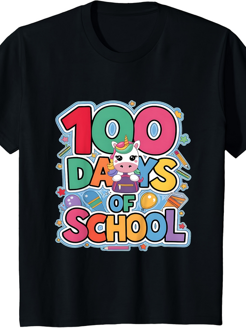 Men's Graphic T-Shirt Colorful Letters With Cute Unicorn Surrounded By School Supplies T Shirt