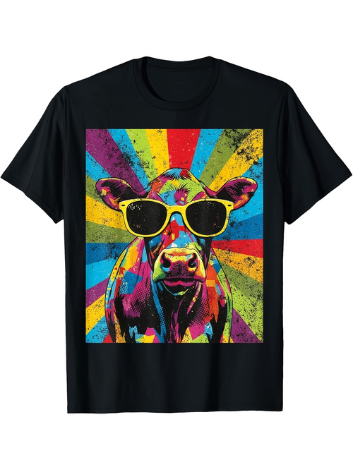 Men's Graphic T-Shirt Colorful Retro Sunburst Background With Funky Sunglasses Wearing Cow
