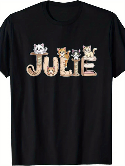 Men's Graphic T-Shirt Julie Whimsical Playful Cats Sitting Within Bold Letters