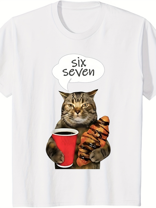 Men's Graphic T-Shirt Six Seven Funny Cat With Coffee And Croissant Under Cartoon Speech Bubble