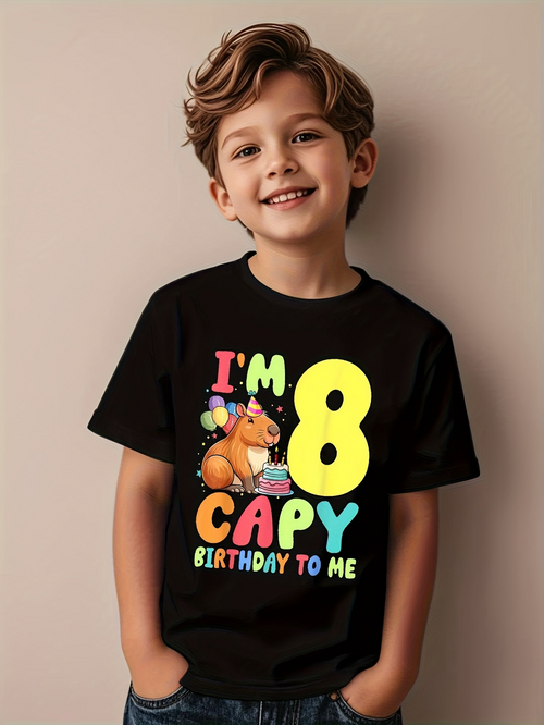 Men's Graphic T-Shirt Im Eight Capybara With Birthday Hat Among Confetti And Cake