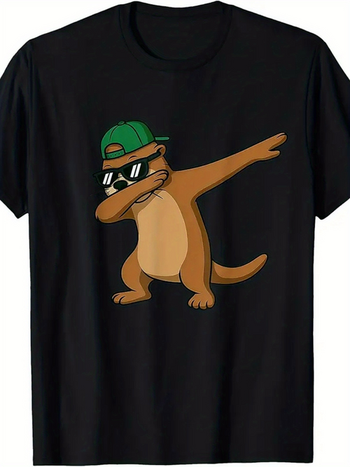 Men's Graphic T-Shirt Cool Sunglasses And Green Cap Dabbing Cartoon Otter
