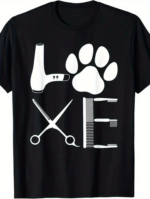 Men's Graphic T-Shirt Creative Pet Grooming Tools Forming The Word Love With Pawprint
